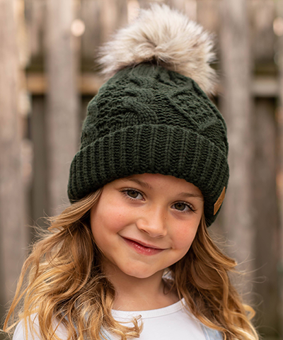 Kids Cable Knit Pom Hat - Green